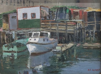 F.C. Herbst Oil on Canvas Boats at Dock