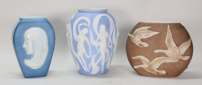 3 Phoenix Consolidated Glass Vases Geese, Nudes