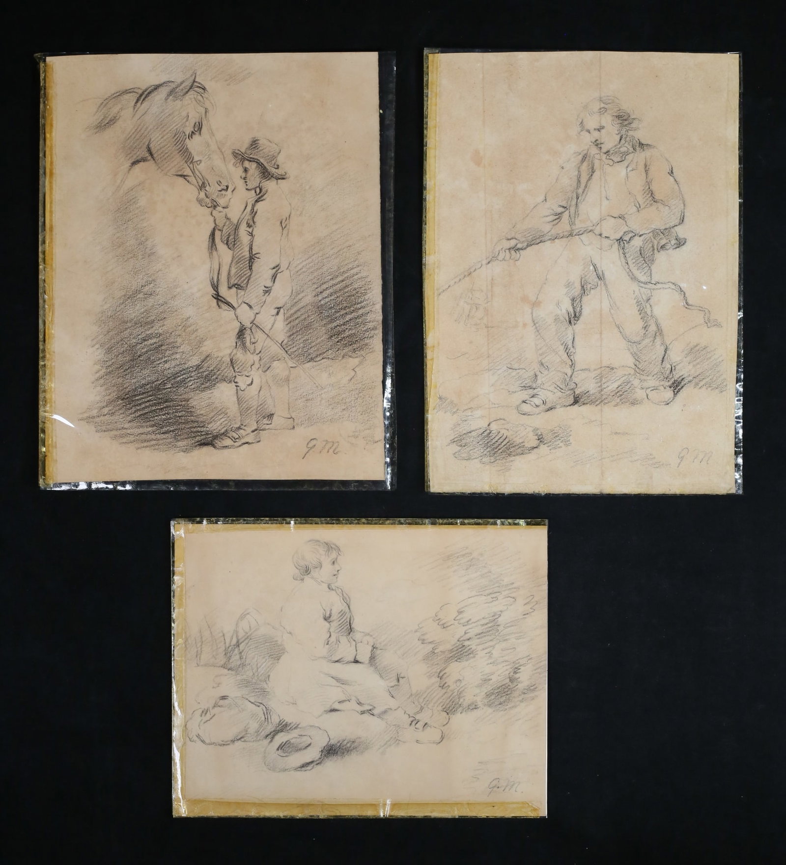 3 George Morland Pencil Drawings: George Morland (British, 1763-1804). 3 pencil drawings on paper. Man with horse, 9 5/8" x 7 5/8"; man with rope, 10" x 7"; seated woman, 6 3/4" x 8 3/8". All initialed G.M. lower right. One labeled in
