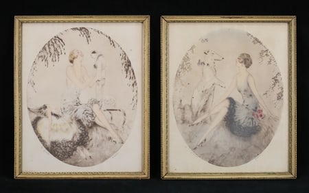 2 Icart Style Aquatints Greyhound & Dolls