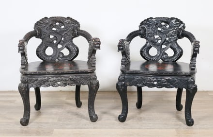 Pair of Japanese Meiji Style Dragon Armchairs