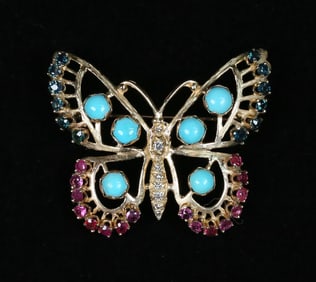 14k, Diamond, Sapphire & Ruby Butterfly Brooch