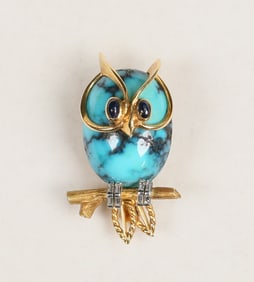 Cartier Owl Pin 18k, Diamond, Turquoise, Sapphire