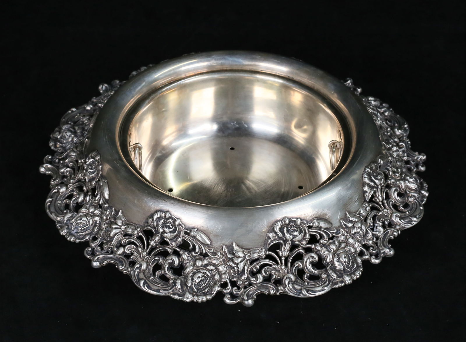 Black, Starr & Frost Sterling Center Bowl: Black, Starr & Frost American sterling silver center bowl / wine coaster. Openwork rim with flower and scroll motif, silverplate wine coaster insert. Marked on the underside Black, Starr & Frost 13 22