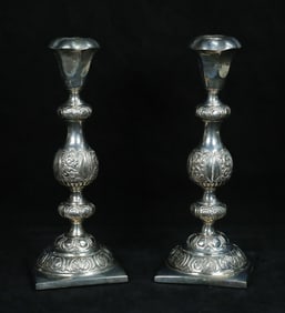 Pair of Weighted Russian 84 Silver Candlesticks