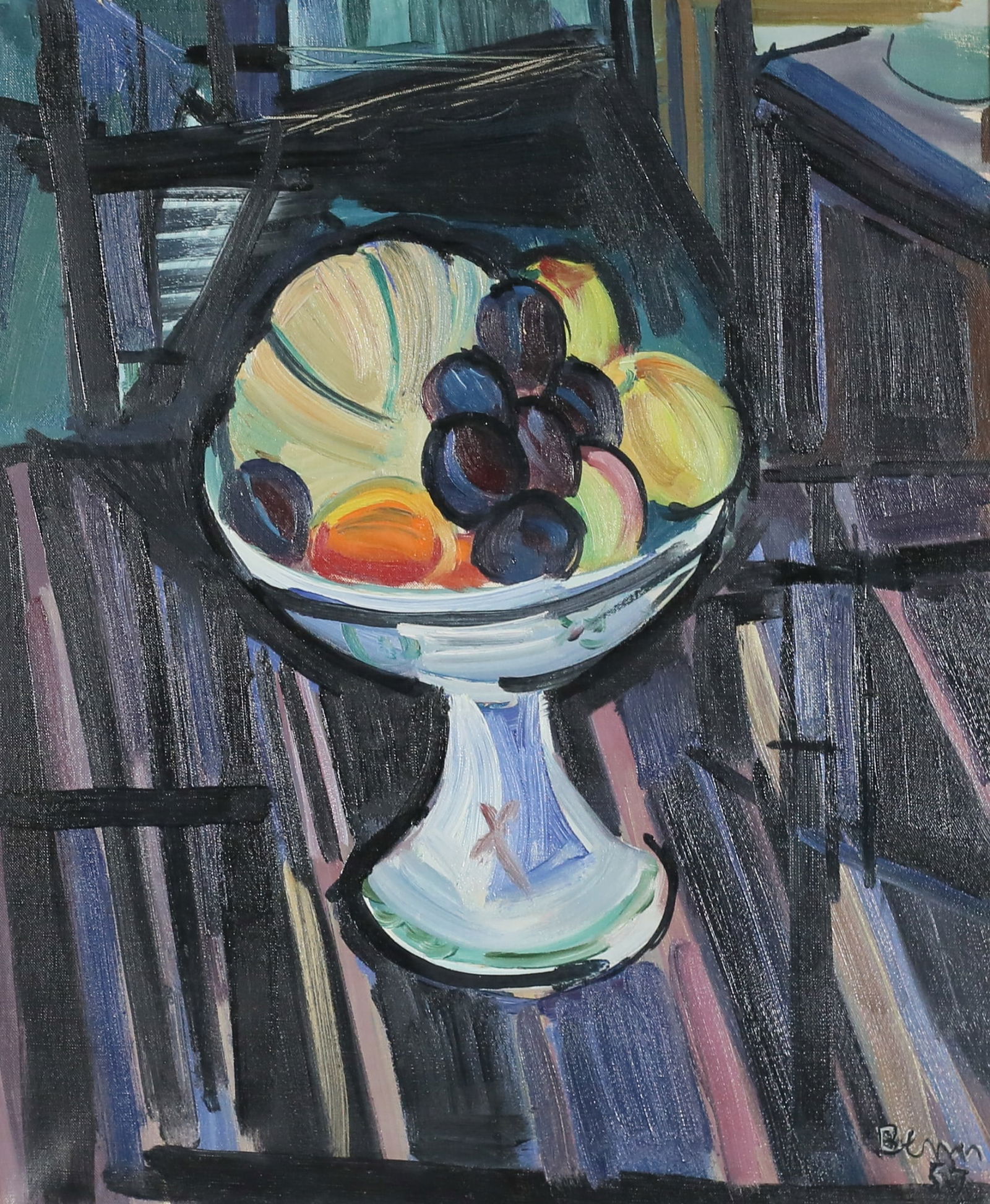 Ben Benn Oil on Canvas Still Life Bowl of Fruit: Ben Benn (American / Ukrainian, 1884-1983). Oil on canvas, still life with bowl of fruit. Signed and dated 57 lower right. 23 1/2" x 19 1/4" (with frame 30" x 26"). Minor chips and losses to frame. Pr