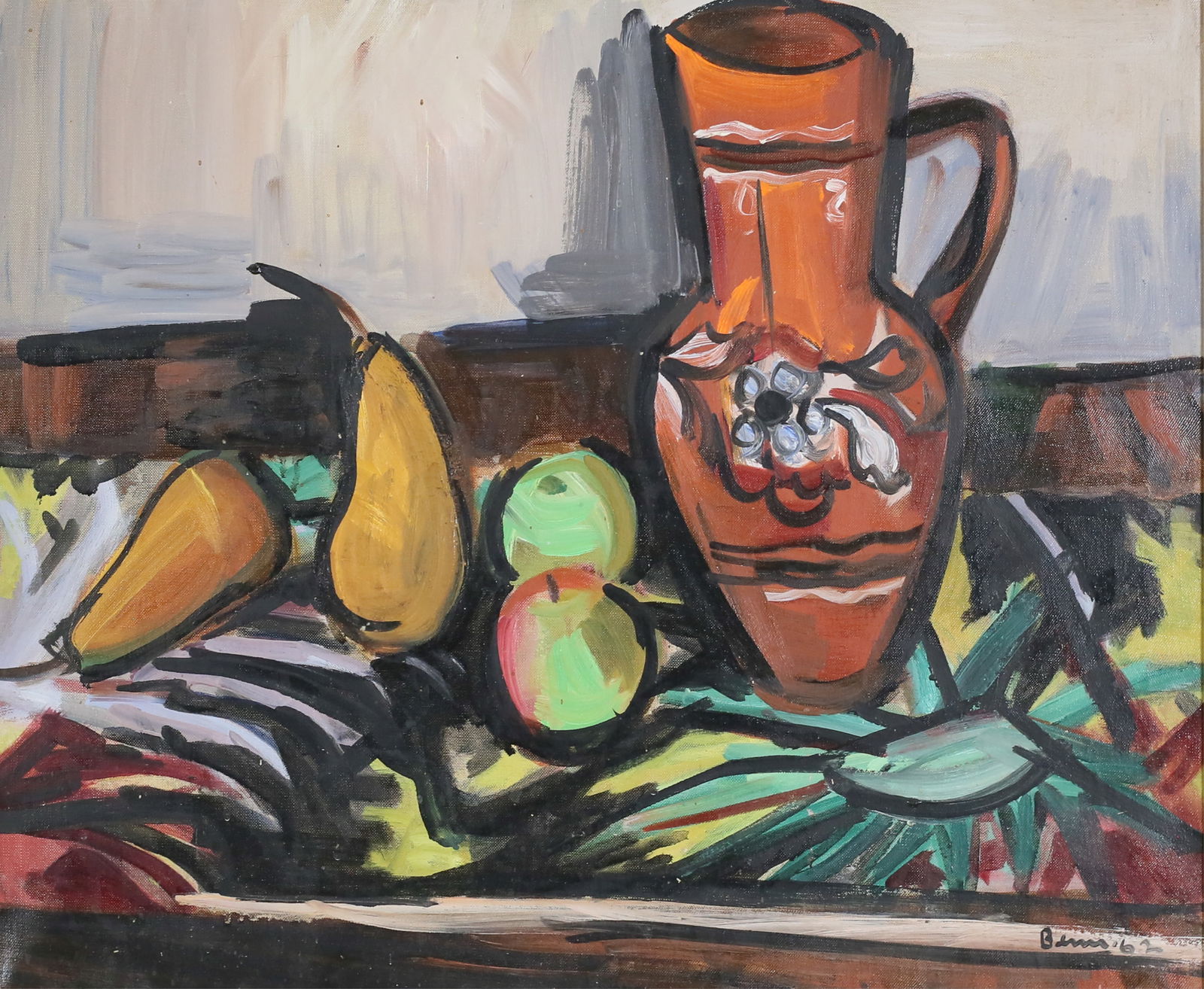 Ben Benn Oil on Canvas Still Life With Pitcher: Ben Benn (American / Ukrainian, 1884-1983). Oil on canvas, still life with pitcher and fruit. Signed and dated 62 lower right. 19 1/2" x 23 1/2" (with frame 26 1/2" x 30 1/4"). Provenance: From the Es