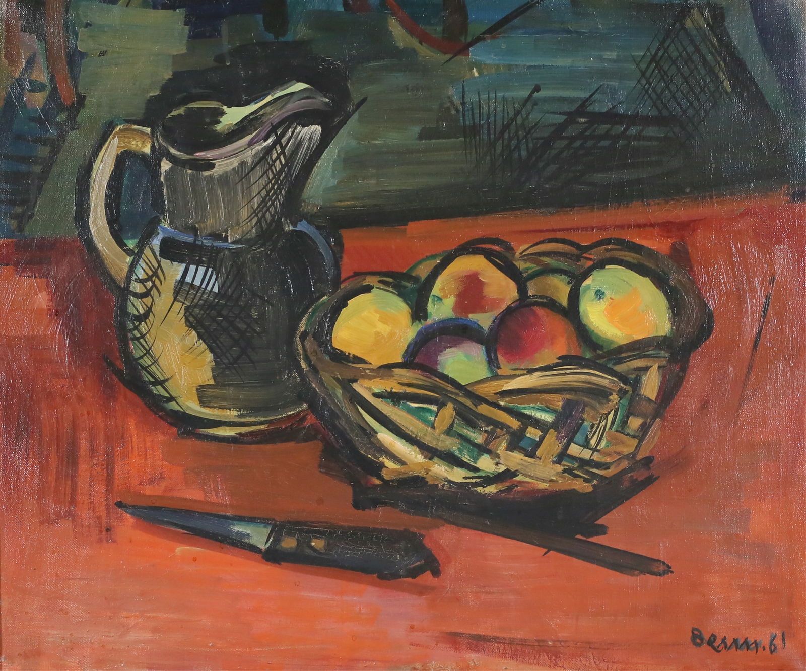 Ben Benn Oil on Canvas Still Life With Knife: Ben Benn (American / Ukrainian, 1884-1983). Oil on canvas, still life with fruit, pitcher and knife. Signed and dated 61 lower right. 19 1/2" x 23 1/2" (with frame 26" x 30"). Minor paint loss lower l