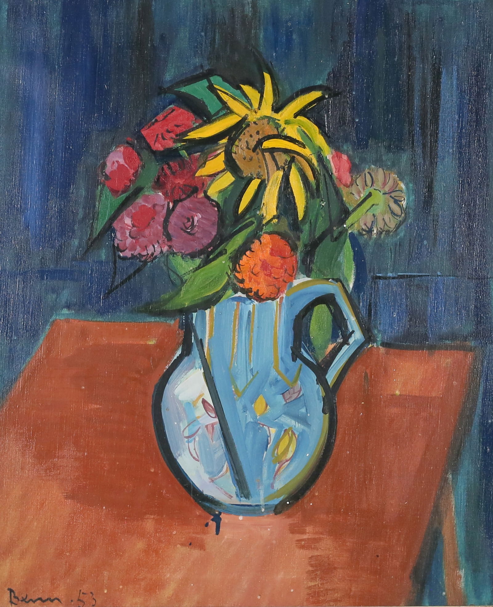 Ben Benn Oil on Canvas Still Life With Flowers: Ben Benn (American / Ukrainian, 1884-1983). Oil on canvas, still life with vase of flowers. Signed and dated 53 lower left. 23"x 19" (with frame 30 1/8" x 26 1/8"). White paint spots visible throughou
