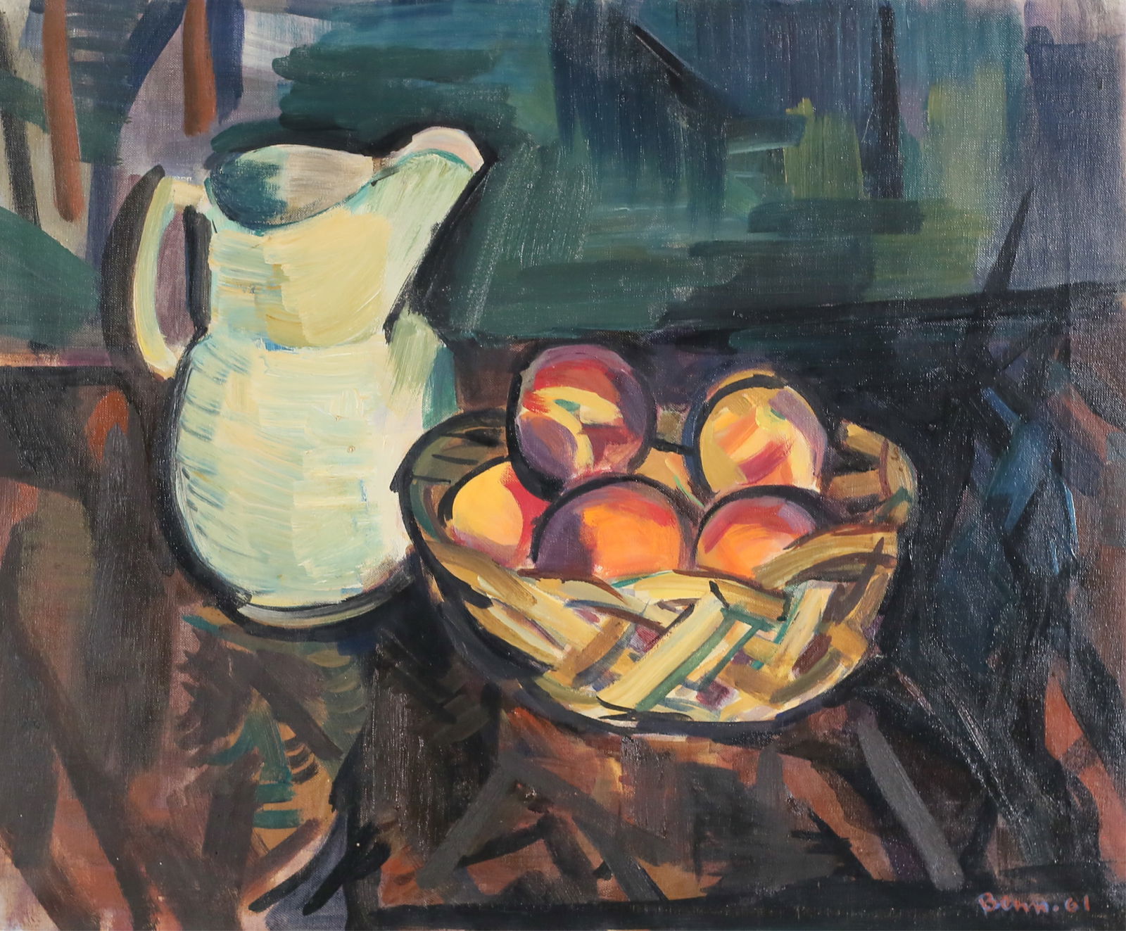 Ben Benn Oil on Canvas Still Life With Fruit: Ben Benn (American / Ukrainian, 1884-1983). Oil on canvas, still life with bowl of fruit and pitcher. Signed and dated 61 lower right. 19 3/4" x 23 3/4" (with frame 26 1/2" x 30 1/2"). Provenance: Fro