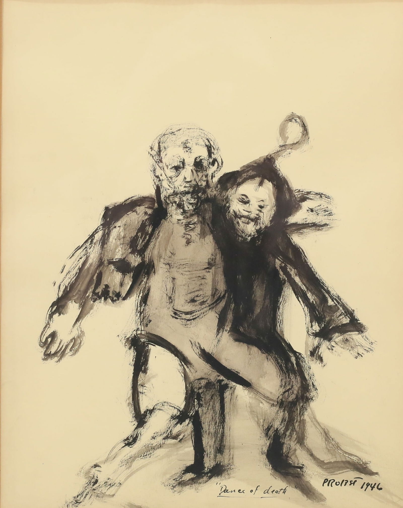 Joachim Probst Gouache Dance of Death: Joachim Probst (American, 1913-1980). Gouache on paper, Dance of Death. Titled, signed and dated 1946 in ink lower right. 11" x 8 3/4" (with frame 17 1/8" x 13 1/8"). Slight waviness and toning to pap