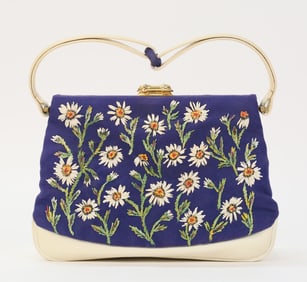 Vintage Gucci Floral Handbag Navy and Cream