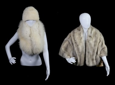 White Mink Stole, Fur Collar and Hat