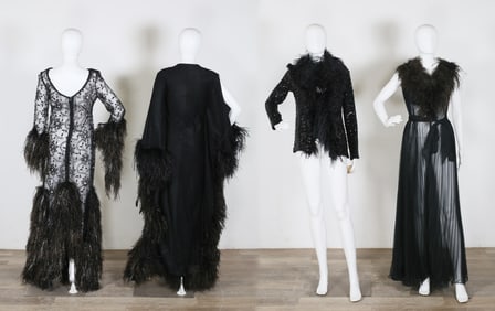 2 Vintage Black Feather Trim Wraps and Jacket