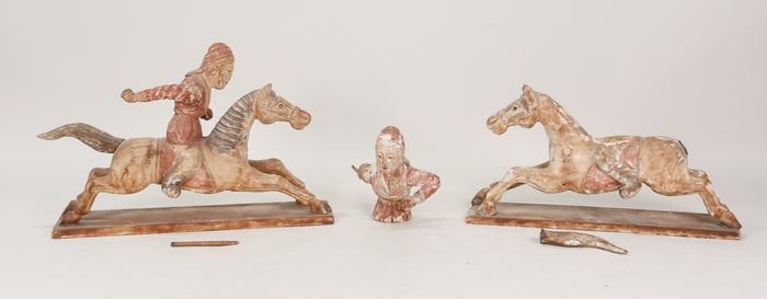Pair of Chinese Carved Wood Figures on Horseback