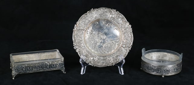 3 Pieces Continental Repousse Silver & Silverplate