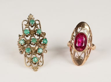 2 Art Deco 14k Gold Rings Ruby & Sapphire