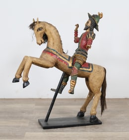 Carved Wooden Polychromatic Man on Horse
