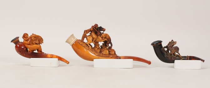 3 Carved Pipes Meerschaum & Wood