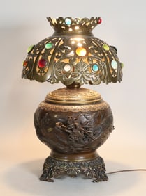 Chinese Bronze Dragon Vase Lamp & Jeweled Shade