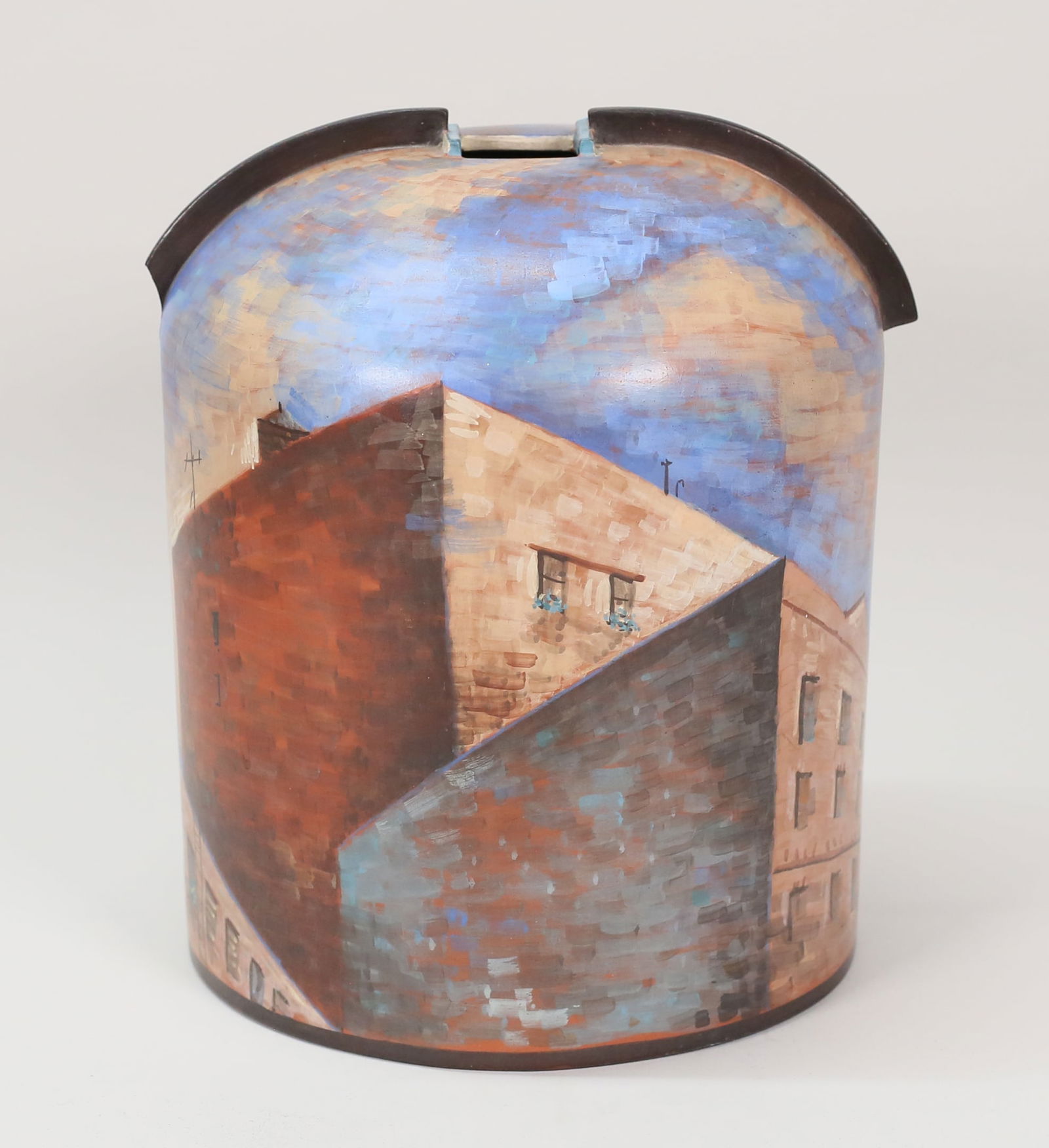 Lidya Buzio Earthenware Vase: Lidya Buzio (American, 1948-2014). Earthenware pottery vase, hand painted with cityscape. Signed and dated on the underside Buzio 1980 NY with artist's bird device. 10 1/2"H. Large chip at base of one