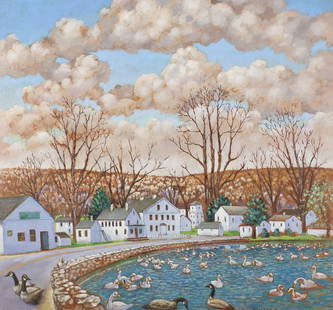 Molly Luce Oil on Masonite Mill Pond: Molly Luce (American, 1896-1986). Oil on Masonite, ducks in pond, Mill Pond. Signed and dated Molly Luce 76 lower right, titled on verso, with Childs Gallery, Boston, MA label and additional info on v