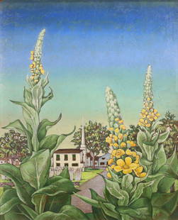 Molly Luce Oil on Masonite Church With Flowers: Molly Luce (American, 1896-1986). Oil on Masonite, church with cemetery in landscape with flowers. Signed and dated Molly Luce '63 lower right. 21 1/2" x 17 5/8" (with frame 24 1/8" x 20 1/8"). Chip t
