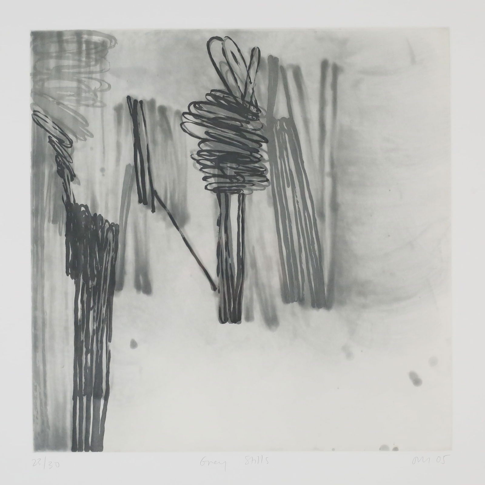 Jill Moser Aquatint Grey Stills: Jill Moser (American, 1956-). Spitbite aquatint, Grey Stills. Artist initialed, dated 05, titled and numbered 23/30 in pencil in the lower margin. Sheet 22 1/2" x 19 3/4" (with frame 26 1/4" x 26").