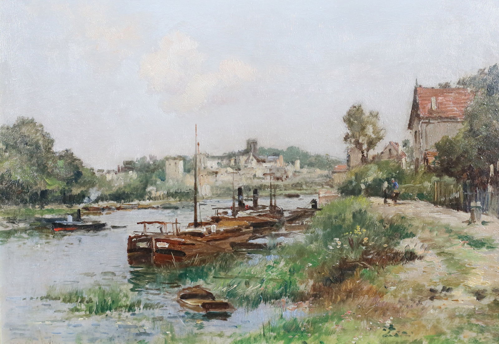 Maurice Levis Oil on Board Boats in Landscape: Maurice Levis (French, 1860-1940). Oil on wood panel, boats in river landscape, Huile sur cazton. Signed lower left, with additional info in French on verso. 9" x 12 1/2" (with frame 15 1/2" x 19").