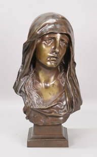 Eugene Marioton Bronze Bust Madonna: Eugene Marioton (French, 1854-1933). Patinated bronze bust, Madonna. Signed on the plinth E. Marioton, with A32 stamped into the plinth. 15 1/2"H. Losses to patina, chips along front edge of base.