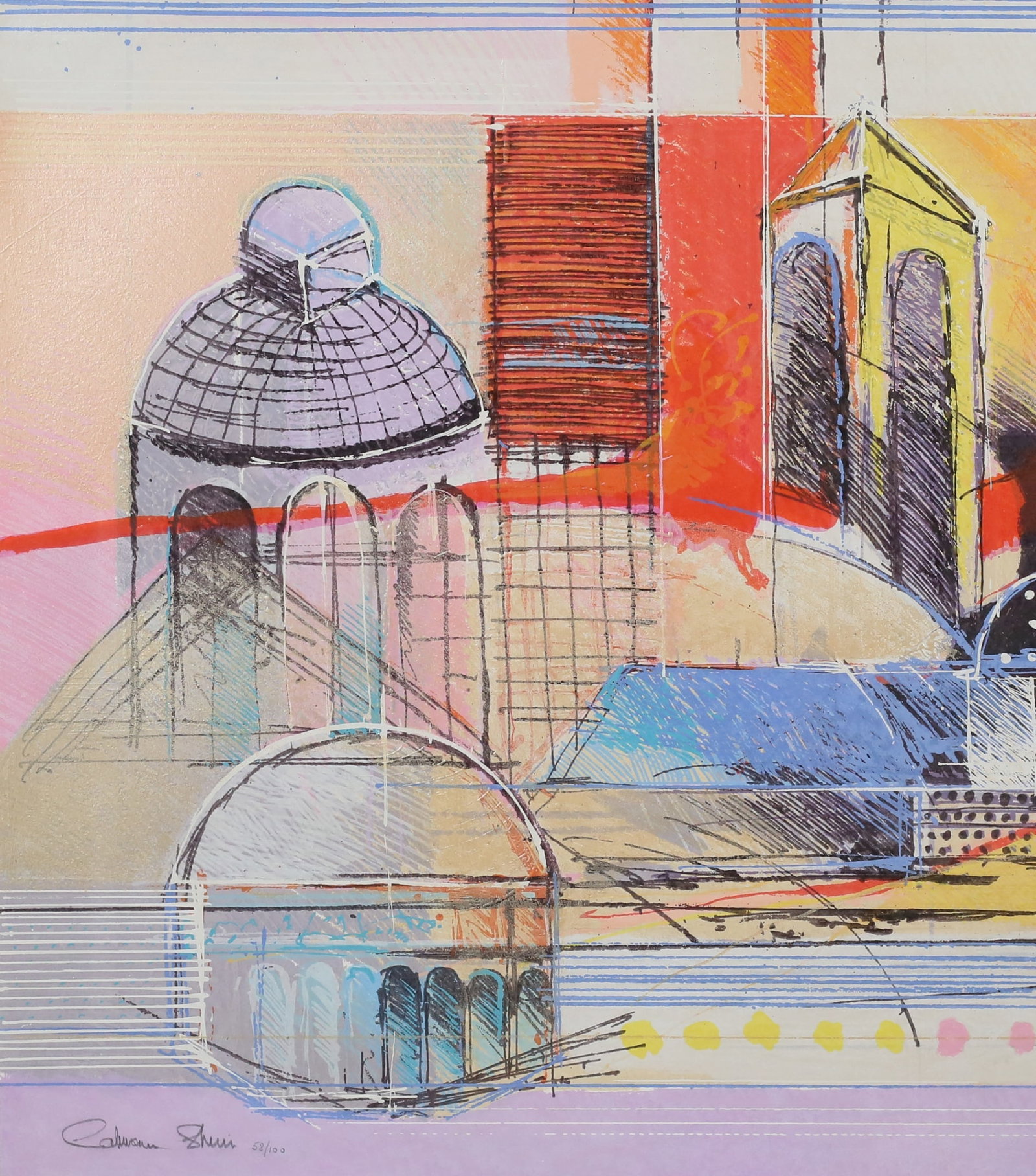 Calman Shemi Serigraph Jerusalem: Calman Shemi (Argentinean 1939-). Serigraph, Jerusalem cityscape. Signed and numbered 58/100 in pencil lower left. 23 3/8" x 20 3/4" (with frame 35 1/2" x 32 1/4").