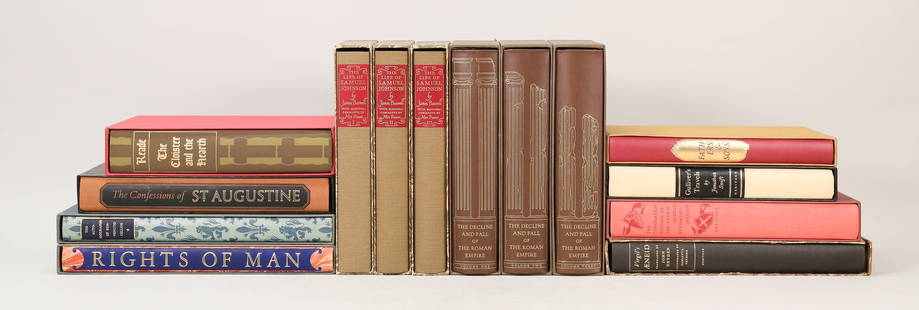 14 Heritage Press Books: The Life of Samuel Johnson by James Boswell 3 Vol. 1963, Fathers and Sons by Ivan Turgenev 1941, The Life of Benvenuto Cellini by Bevenuto Cellini, Gulliver's Travels by Jonathan Swift 1965, Confessio