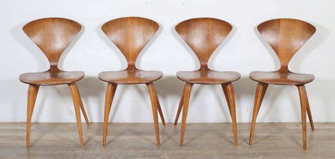 Four Norman Cherner for Plycraft Pretzel Chairs: Norman Cherner (New York, NY, 1920-1987). Four "pretzel" side chairs designed for Plycraft. Lawrence, MA, circa 1960s. Mid Century Modern sculptural form chairs executed in walnut. "Plycraft Designed