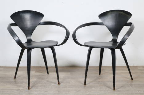 Pair Norman Cherner for Plycraft Pretzel Armchairs: Norman Cherner (New York, NY, 1920-1987). Pair of "pretzel" armchairs designed for Plycraft. Lawrence, MA, circa 1960s. Mid Century Modern lacquered armchairs in sculptural form. Plycraft sticker labe