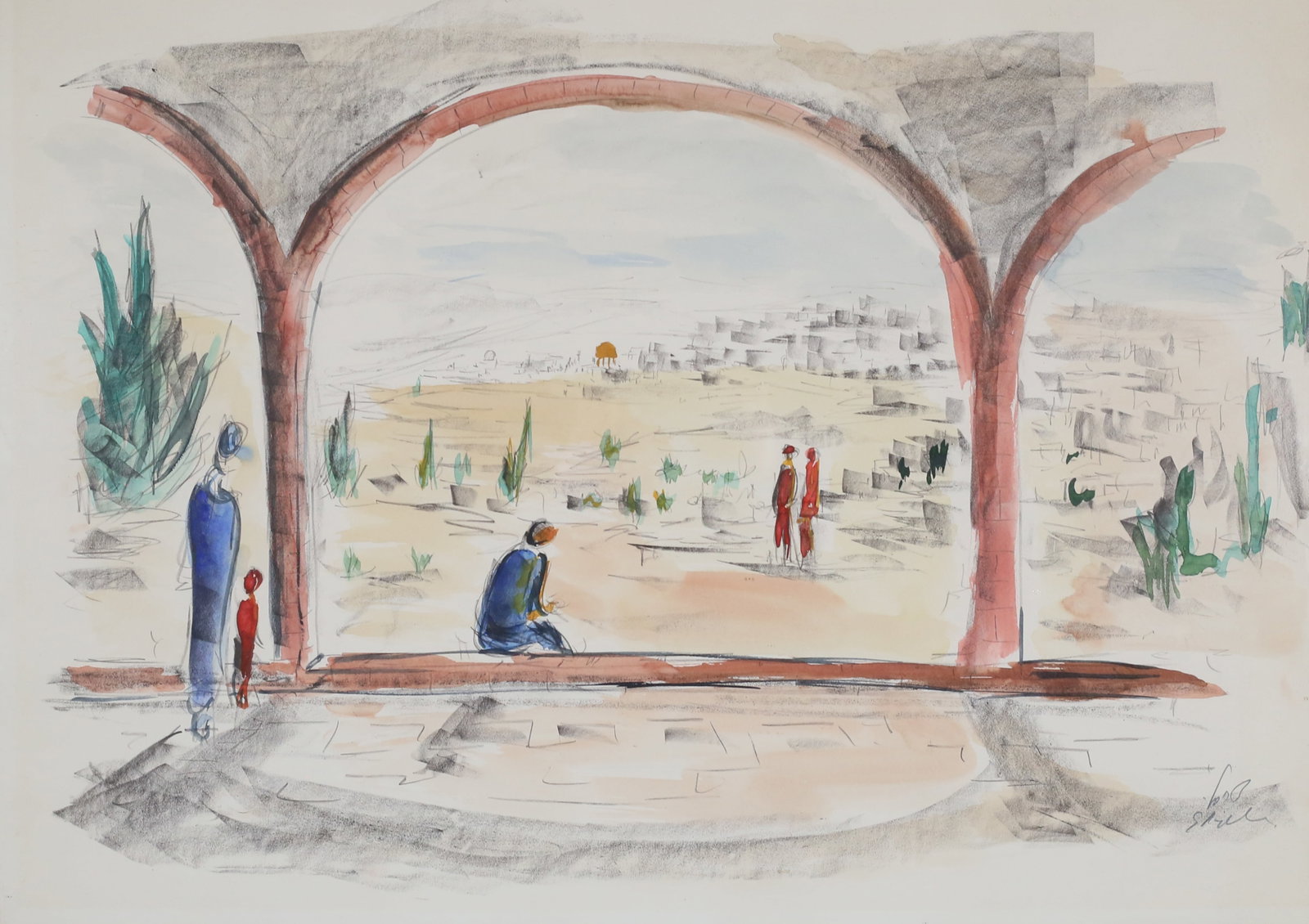 Israeli Watercolor & Charcoal Landscape: Watercolor and charcoal on paper, Israeli landscape with figures. Signed illegibly and in Hebrew lower right. 18 3/4" x 27" (with frame 25 3/4" x 33 3/4"). Paper loose in frame, mat burn visible.
