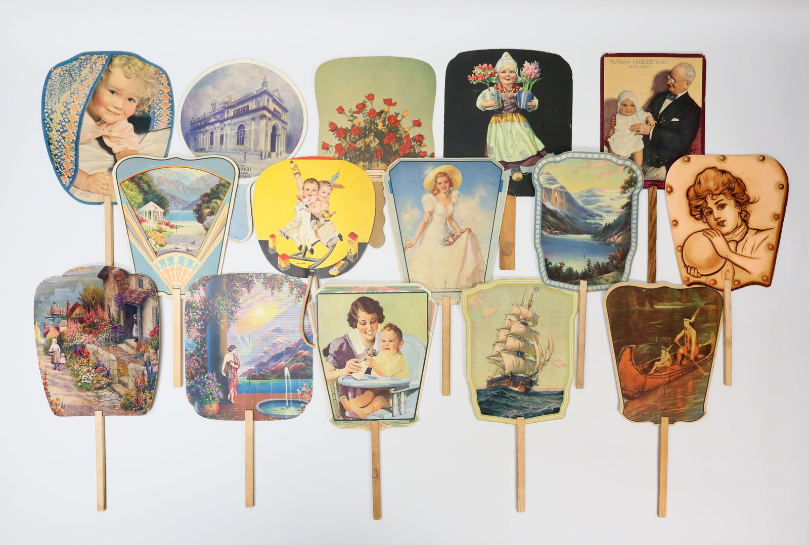 15 Paper Advertising Fans Pennsylvania: Lot of 15 cardboard advertising fans. Most with wooden handles. Including York Chemical Works Dempwolf's Fertilizers, Vale Chemical Co. Inc., Pennsylvania fans including Riedel's Funeral Home, Vote an