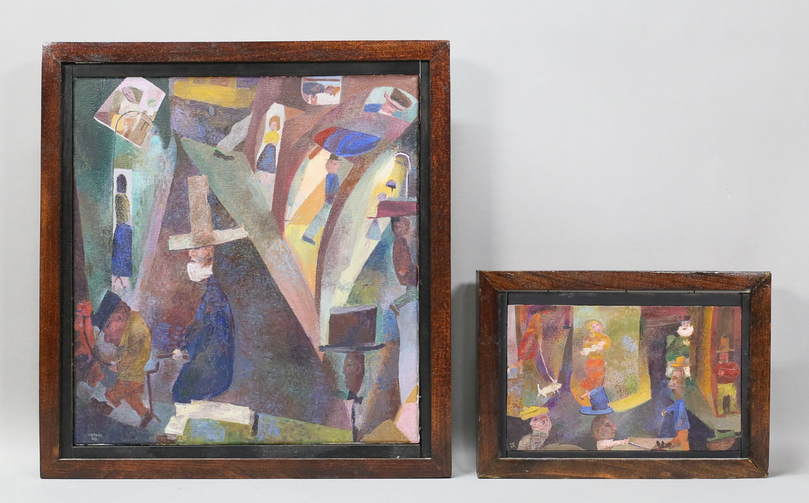 Tom Werner 2 Oils Abstracts With Figures: Tom Werner (American, 20th / 21st century). 2 oils. Oil on canvas, abstract with figures, signed and dated 08 lower left, 13 3/4" x 12 3/4" (with frame 16 1/4" x 15 1/2"); oil on wood panel, Walking D