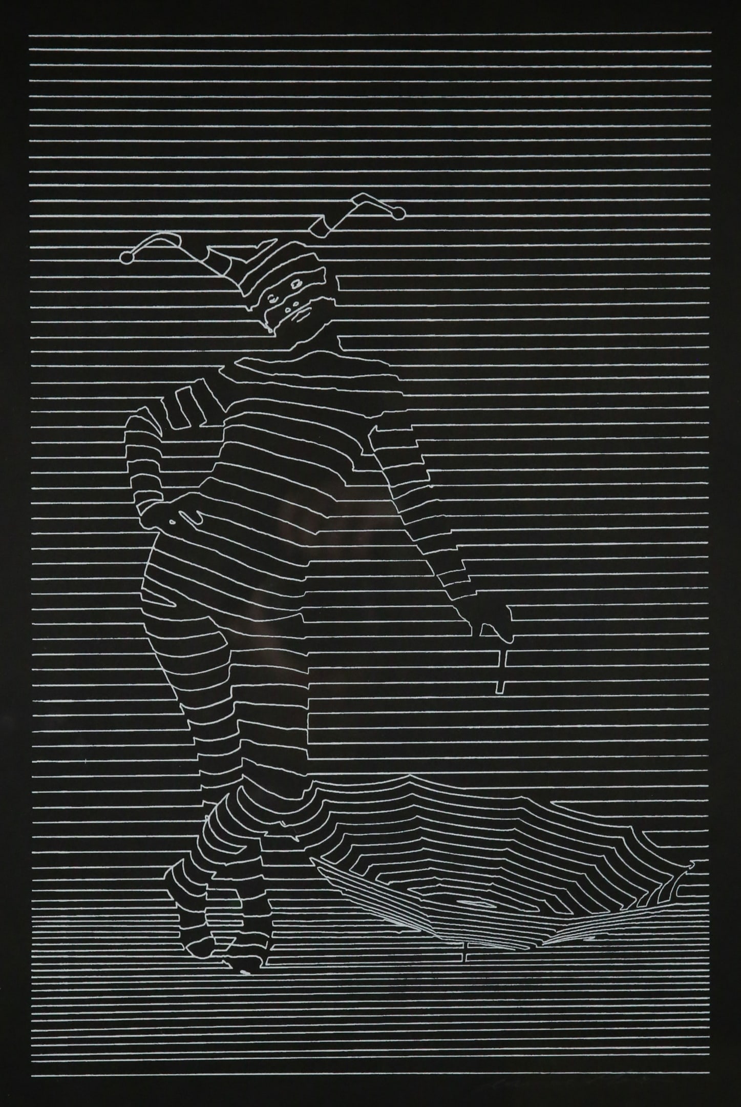 Armond Lara Serigraph Koshare Santa Fe: Armond Lara (American, 1939-). Serigraph Koshare Santa Fe. Pencil signed lower right, with "Santa Fe" embossed in the lower margin. Sheet 30" x 22" (with frame 32 5/8" x 24 1/2"). Tape residue visible