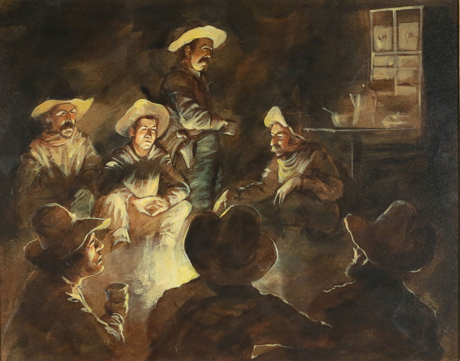 Ron Raymer Acrylic on Masonite Campfire Scene: Ron Raymer (American, 1943-2018). Acrylic on Masonite, cowboys around a campfire. Signed and dated Raymer 75 lower right. 15 1/4" x 19 1/4" (with frame 24 5/8" x 28 1/2").