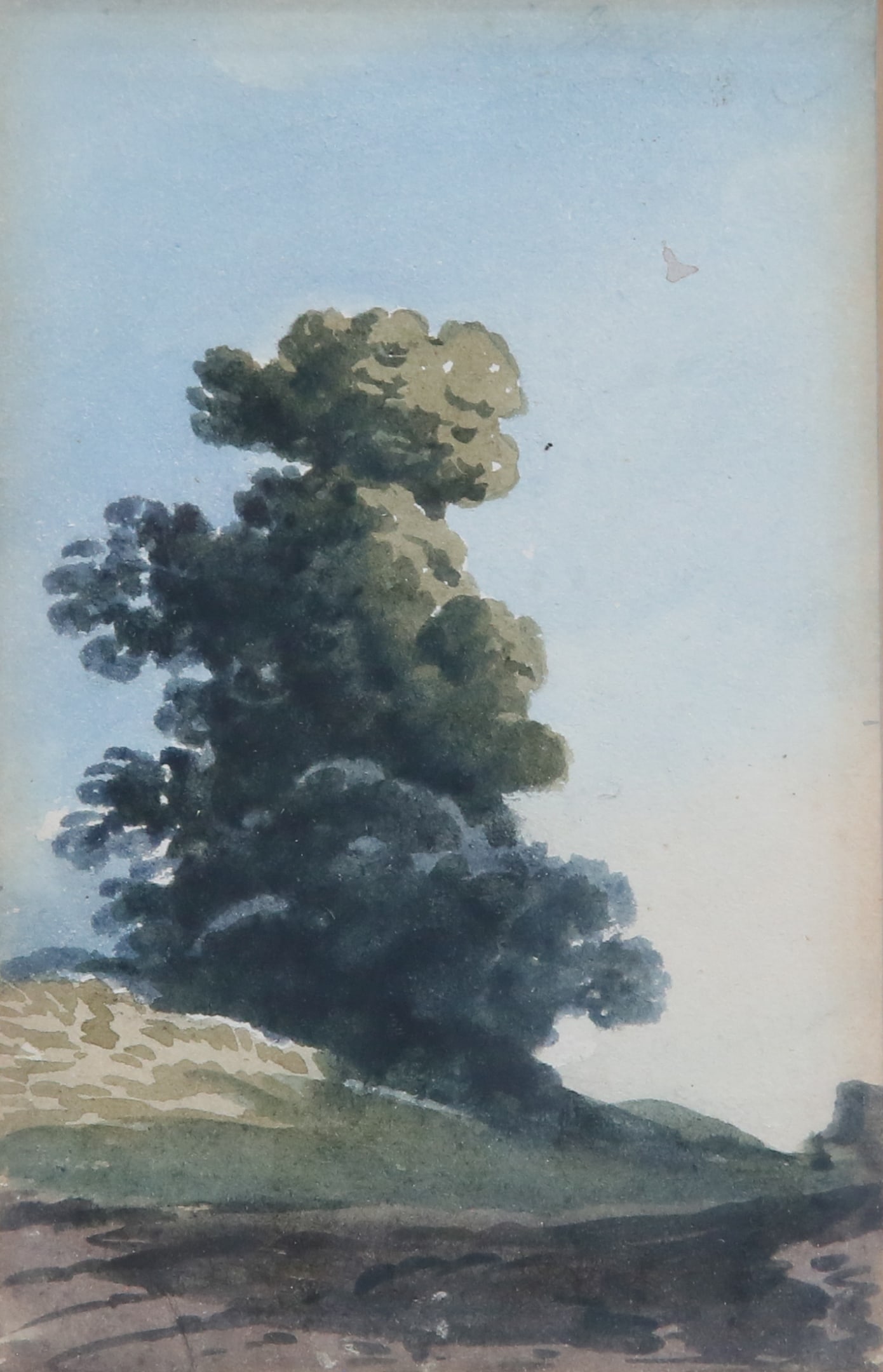 Attributed to John Varley Watercolor Landscape: Attributed to John Varley (British, 1778-1842). Watercolor, tree in landscape. Unsigned, with label on verso attributing the painting to Varley. 5" x 3 1/4"(with frame 12 3/8" x 10 1/2"). Pieces of in