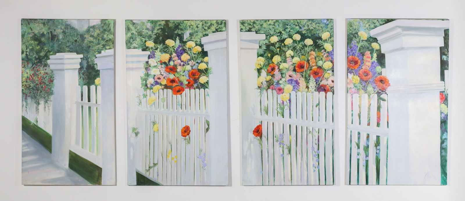 Signed Otto 4 Panel Oil on Canvas Fence & Flowers (1 of 17)