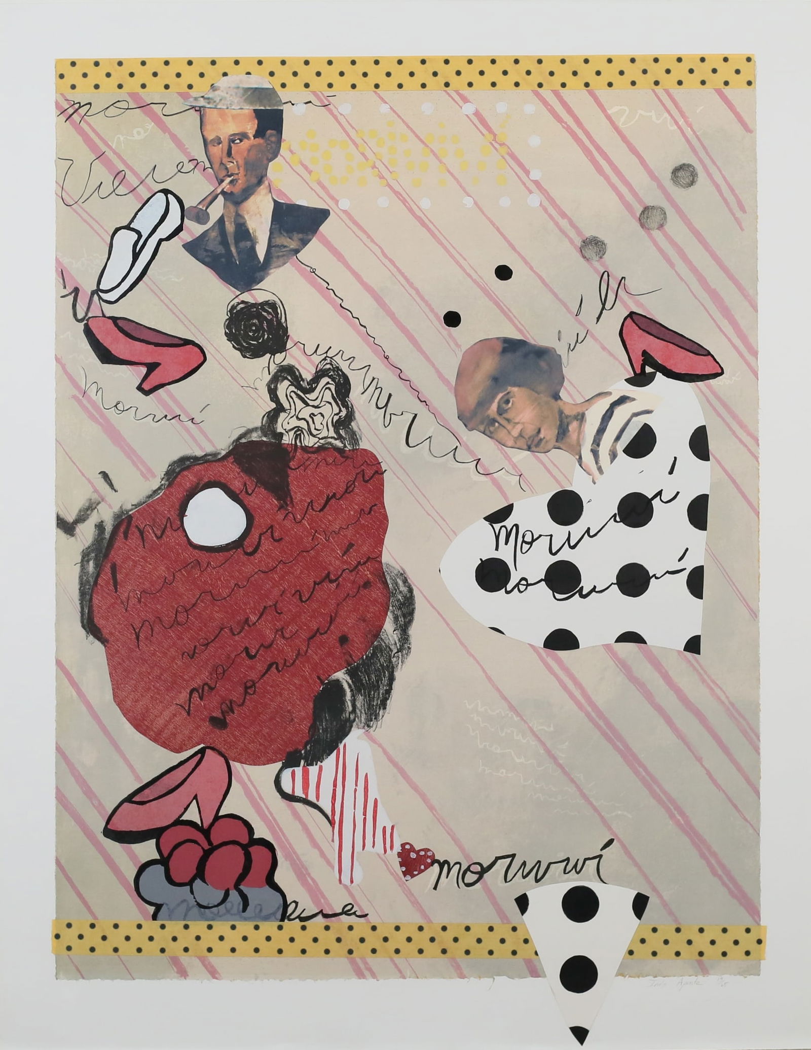 Ines Aponte Lithograph With Collage Morivivi: Ines Aponte (Puerto Rican, 1956-). Lithograph with collage, Morivivi. 1996. Pencil signed and numbered 19/25 lower right. Sheet 45 1/2" x 35 3/4" (with frame 50" x 40"). Creasing to paper upper left a