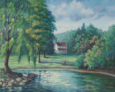 Ann Yost Whitesell Oil on Canvas Landscape: Ann Yost Whitesell (American, 20th century), student of Pennsylvania artist Walter Emerson Baum. Oil on canvas, house in landscape with seated figure and duck pond. Signed and dated lower right Ann Y.