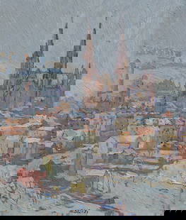 Ralph Holmes Oil on Board Cityscape: Ralph William Holmes (American, 1876-1963). Oil on board, winter cityscape with church. Signed lower center Ralph Holmes. 9 5/8" x 8 1/4" (with frame 12 7/8" x 11 3/8").