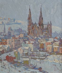 Ralph Holmes Oil on Board Cityscape: Ralph William Holmes (American, 1876-1963). Oil on board, winter cityscape with church. Signed lower center Ralph Holmes. 9 5/8" x 8 1/4" (with frame 12 7/8" x 11 3/8").