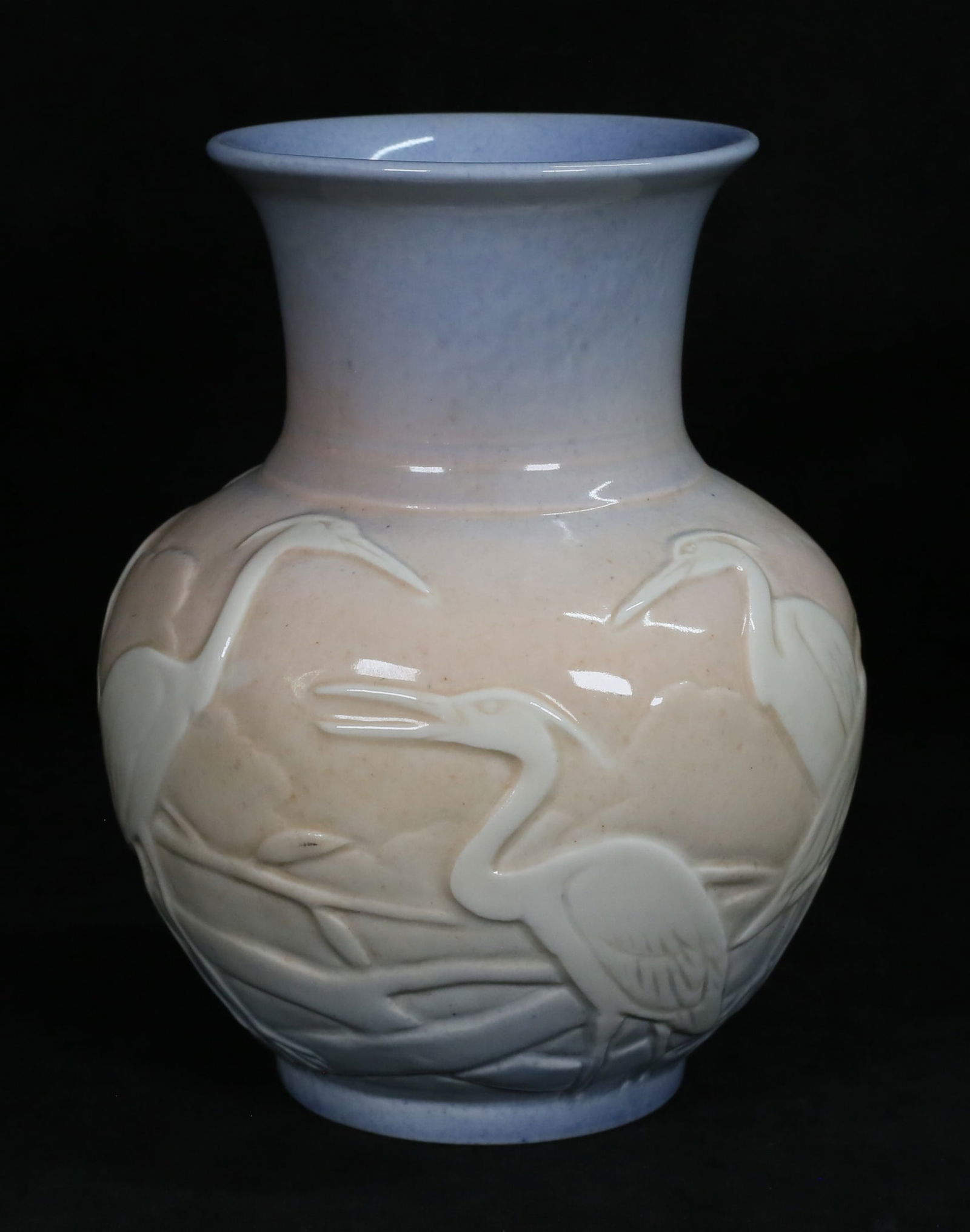 Rookwood Pottery Vase With Cranes: Rookwood pottery vase with cranes. Stamped with maker's mark and date mark on bottom. Shape number "6561". XLIII (1943) date. 7 1/2" Tall