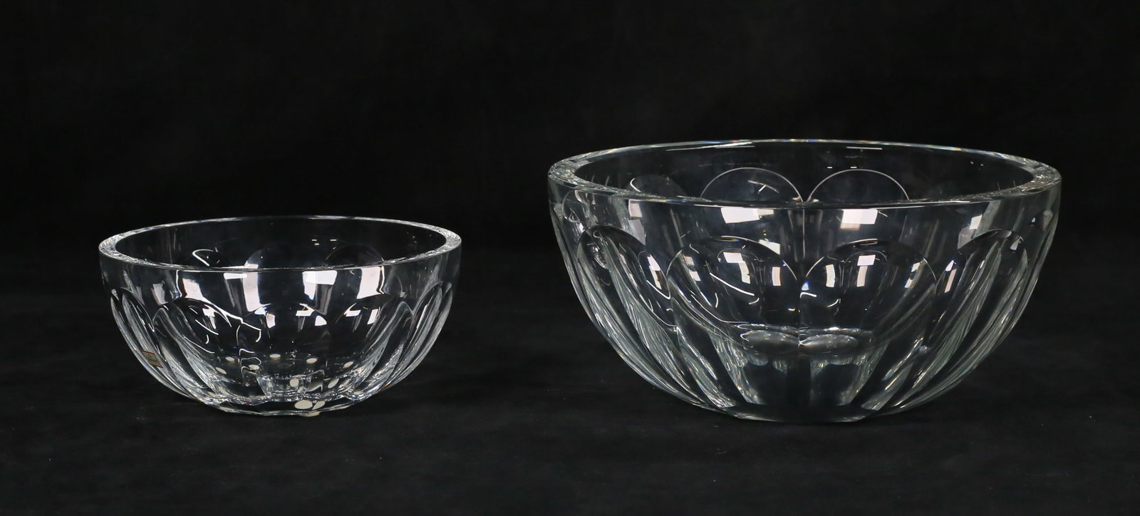 2 Baccarat Crystal Bowls Harcourt: 2 Baccarat French crystal bowls, Harcourt pattern. 4 1/2"H x 9 3/4"-diameter and 3 1/8"H x 7"-diameter. Both with etched Baccarat France marks to the undersides, smaller with paper label. Both with mi