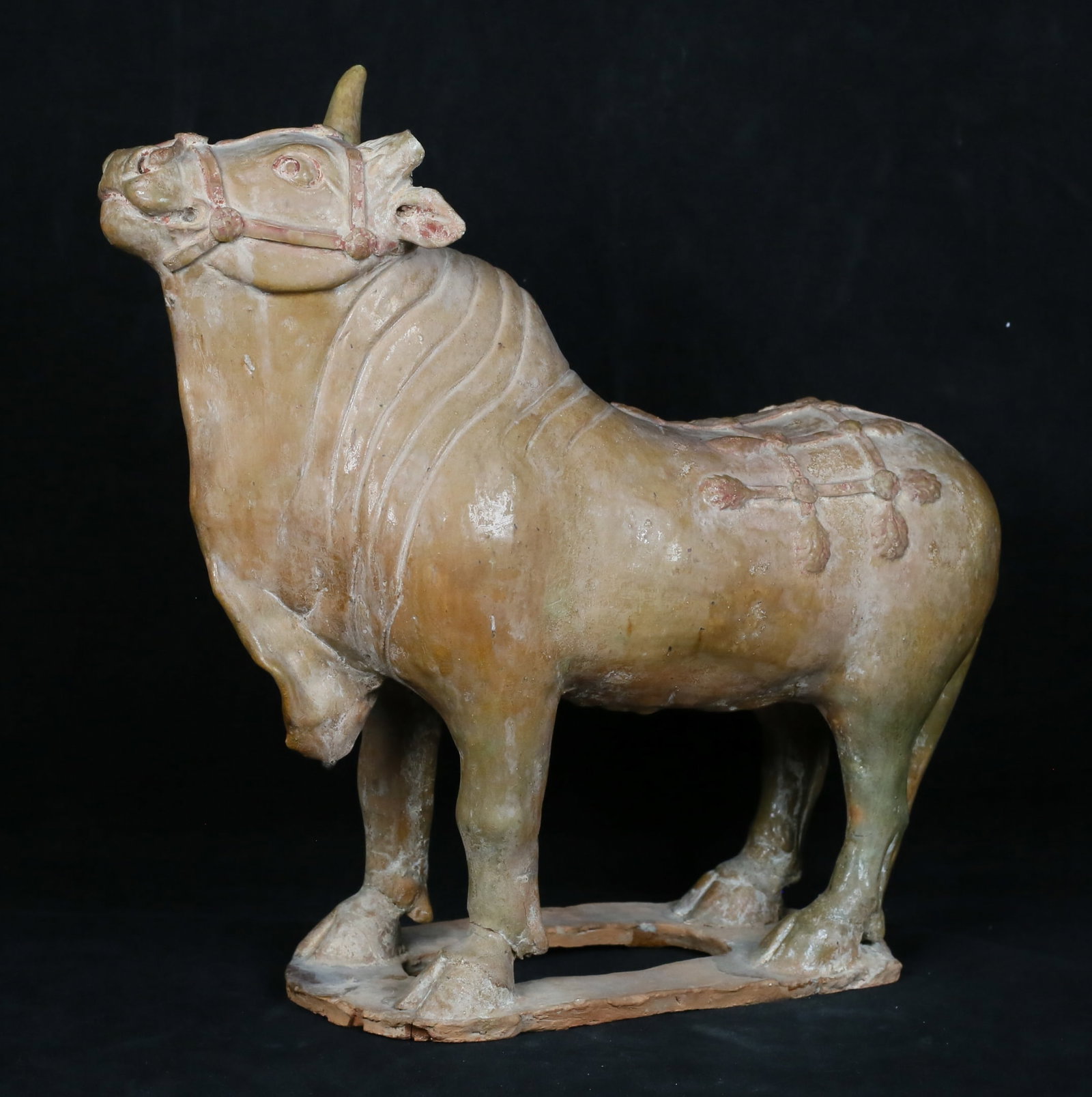 Chinese Tang Style Pottery Bull: Chinese Tang style pottery bull. Unmarked. 15"L x 13 3/8"H. Cracks and repairs to all four feet / legs, chips to base, cracks and repairs to tail, firing cracks to body, one horn repaired, one horn de