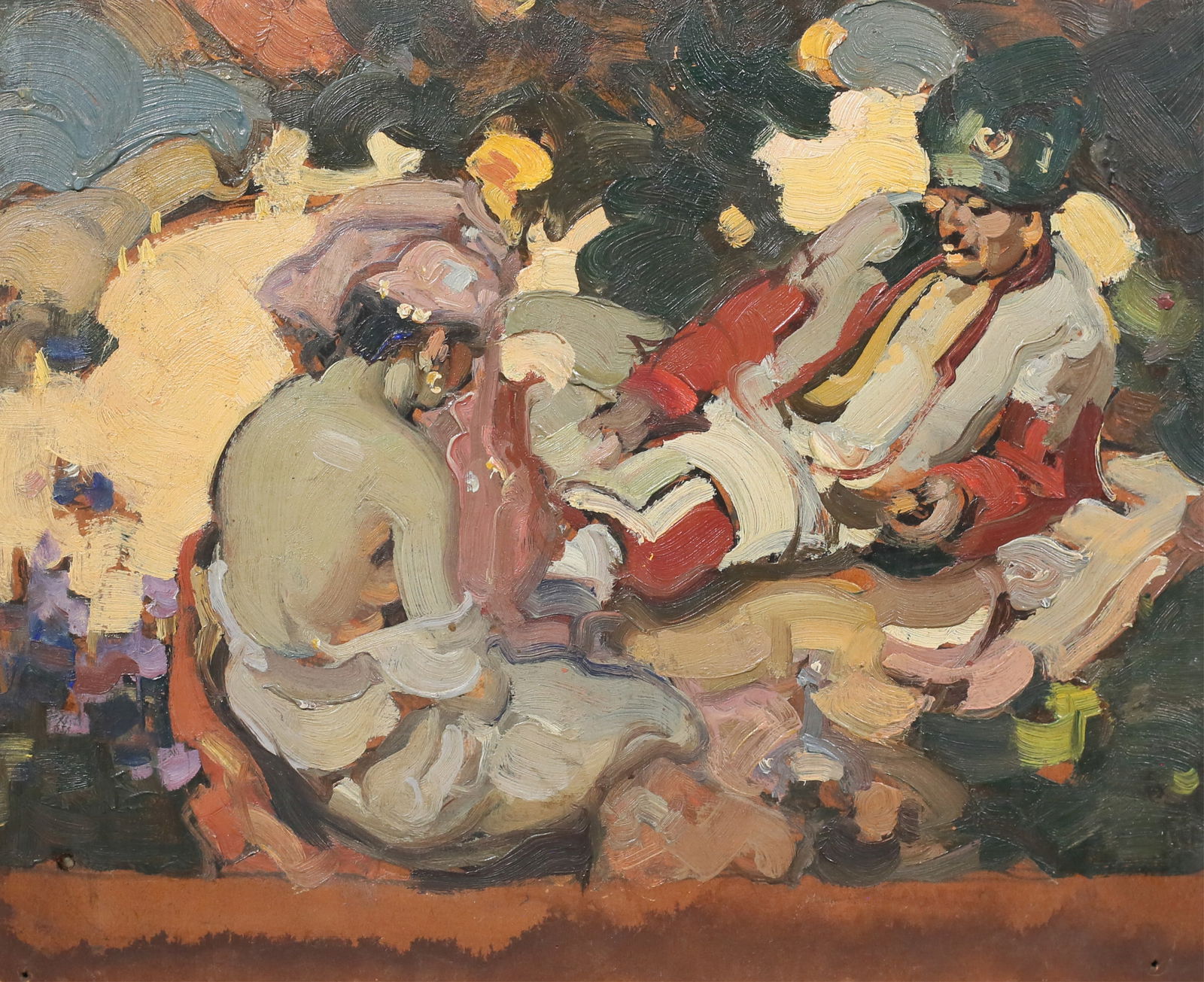 After Frank Brangwyn Oil on Panel Rubaiyat: After Frank Brangwyn (British, 1867-1956). Oil on panel, after an illustration by Brangwyn for Edward FitzGerald's Rubaiyat of Omar Khayyam. Appears unsigned, with paint information and swatches and a