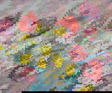 Margaret Jordan Patterson Oil on Canvas Flowers: Margaret Jordan Patterson (American, 1867-1950). Oil on canvas, Spring Flowers. Signed Margaret J. Patterson and dated 1931 on verso. North Shore Arts Exhibition Ninth Annual Exhibition label dated 19